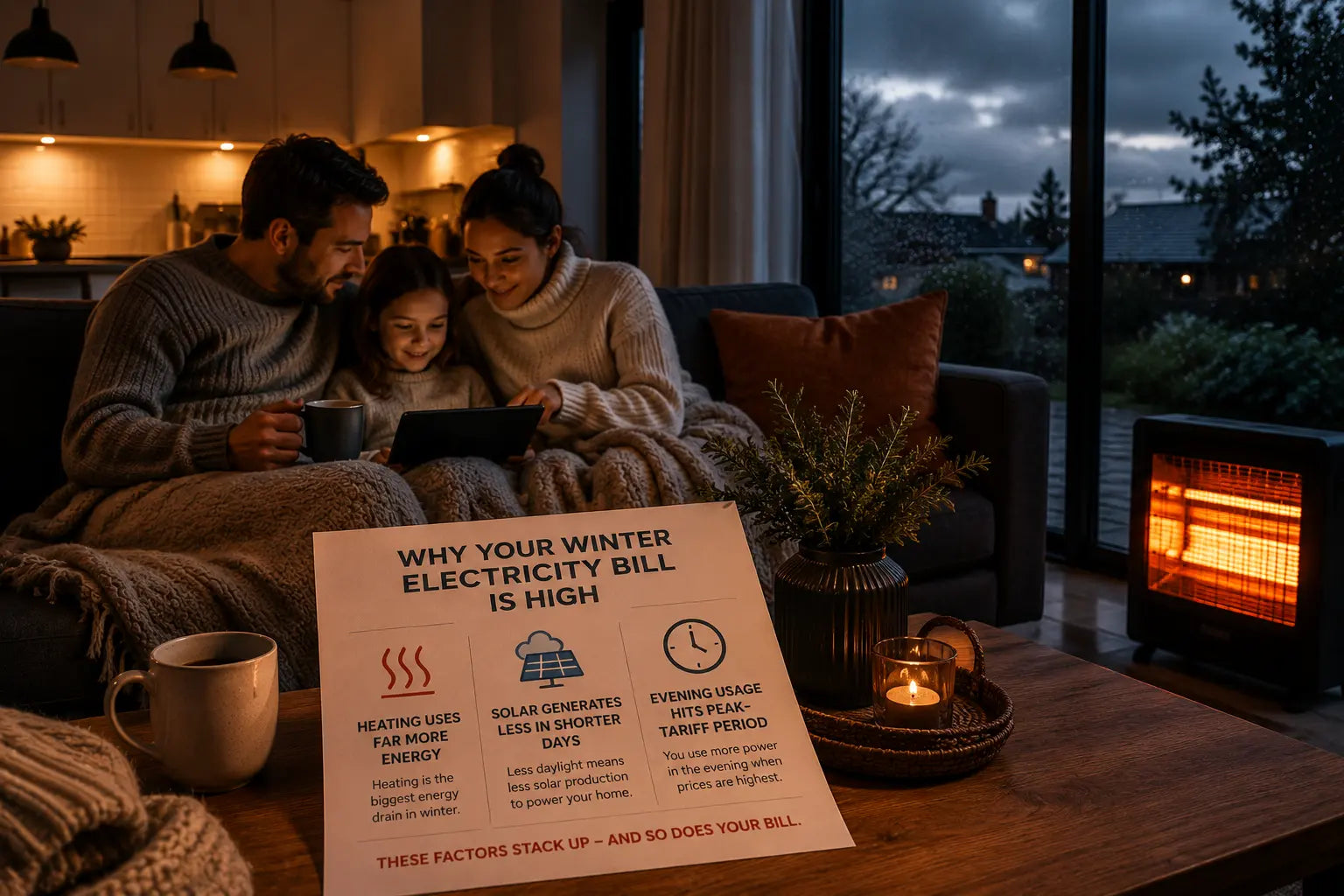Main causes of a high winter electricity bill: heating, less solar and peak evening tariffs