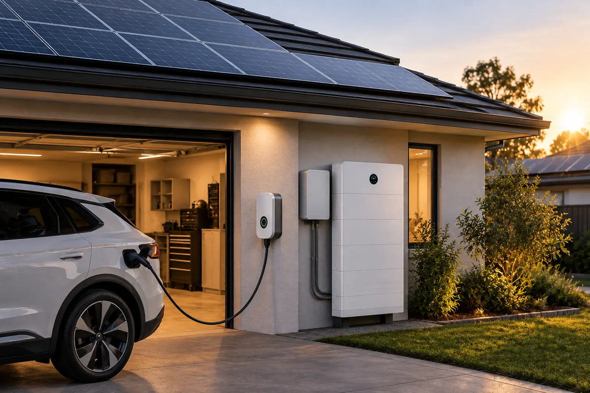 Home setup combining an EV charger, solar panels and a battery for self-sufficient charging