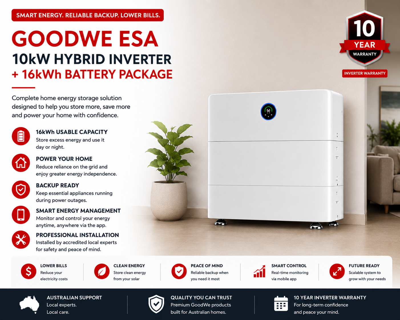 GoodWe ESA 10kW Hybrid Inverter + 16kWh Battery Package