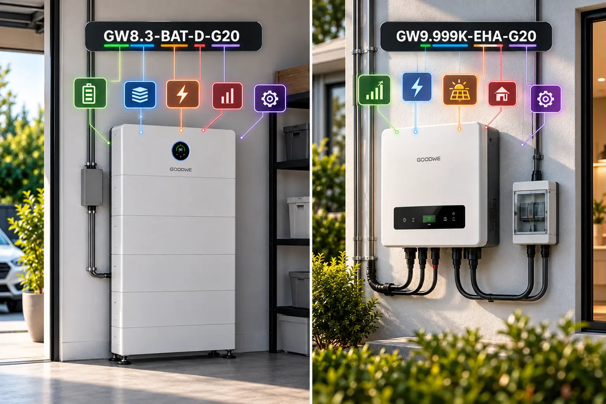 Decoding GoodWe model codes like GW8.3-BAT-D-G20 and GW9.999K-EHA-G20