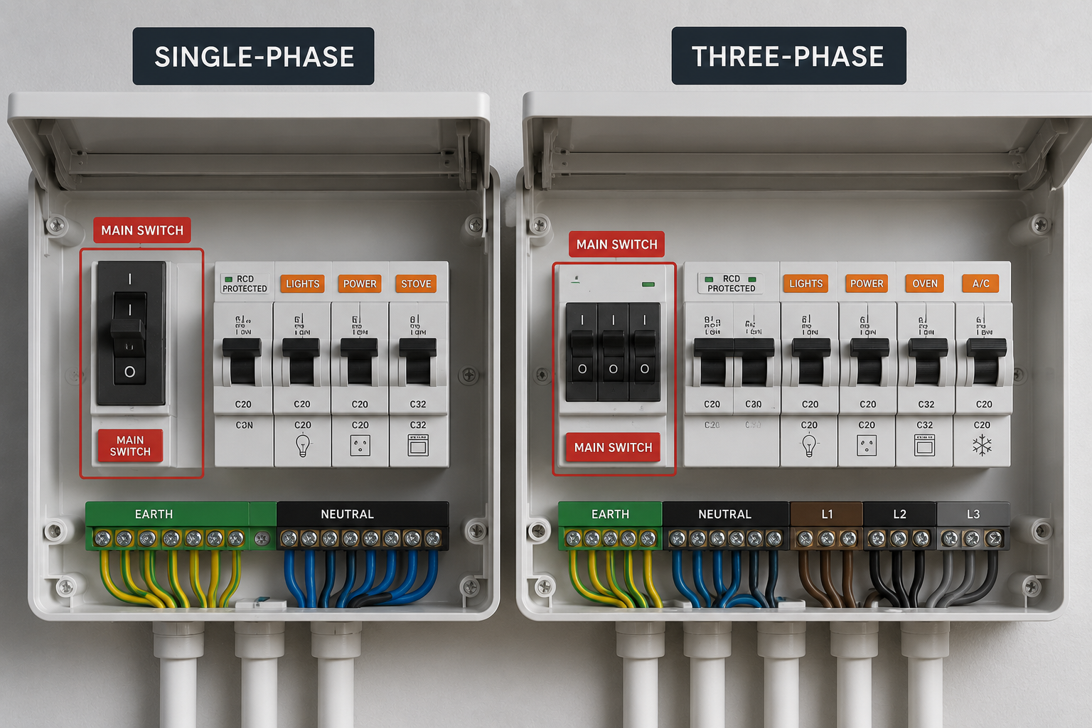 Single-phase and three-phase main switches compared in an Australian home switchboard