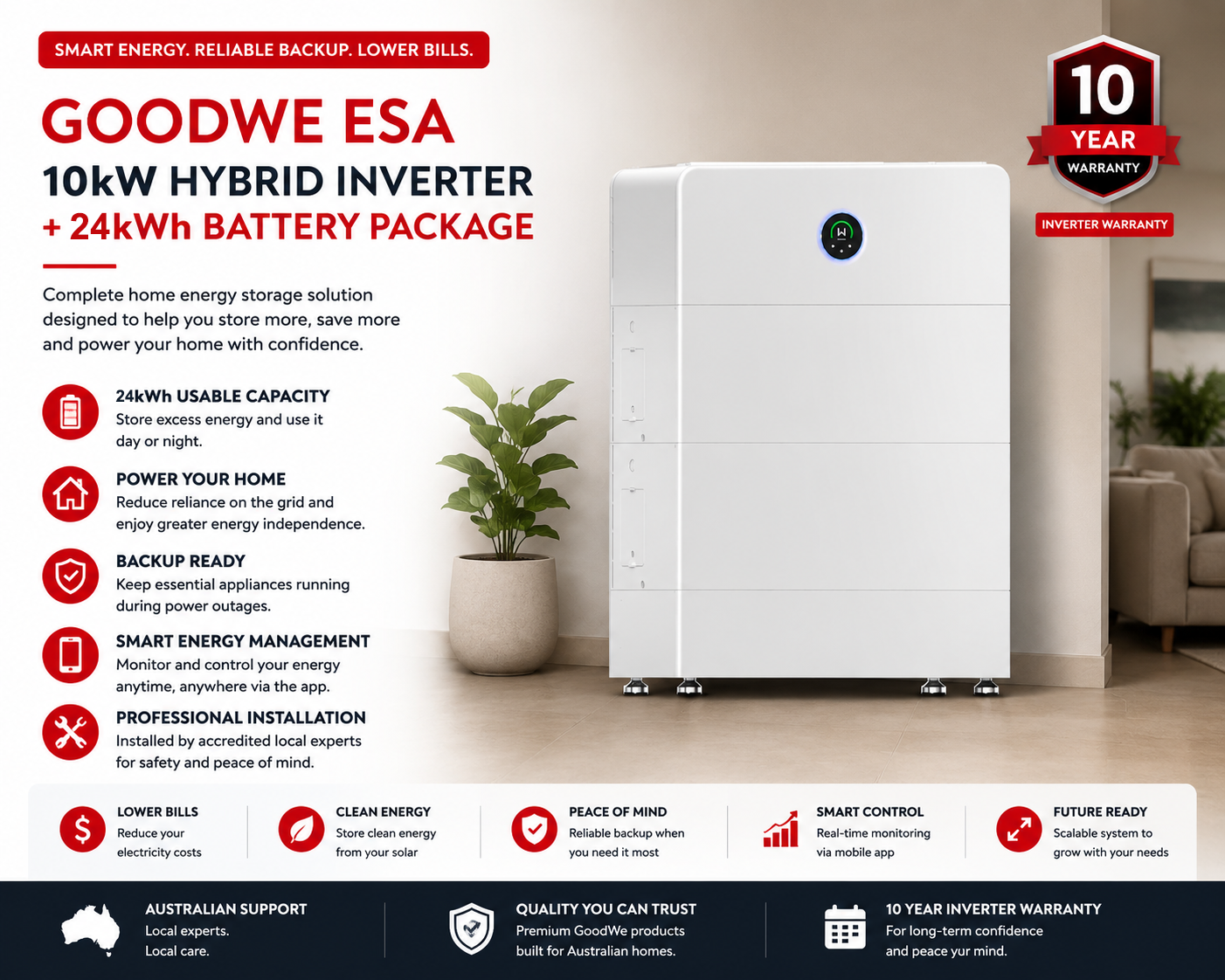 GoodWe ESA 10kW Hybrid Inverter + 24kWh Battery Package